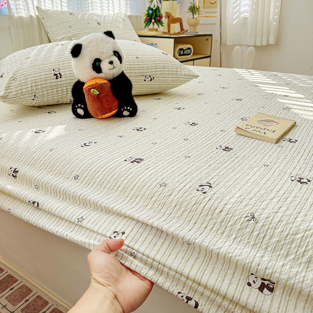 91家纺网 家纺一手货源 找家纺 N先生+V 13814689556 发大图/买家秀 2026春夏新款软糯糯泡芙纱单床笠 床笠单件 可爱熊猫（床笠）