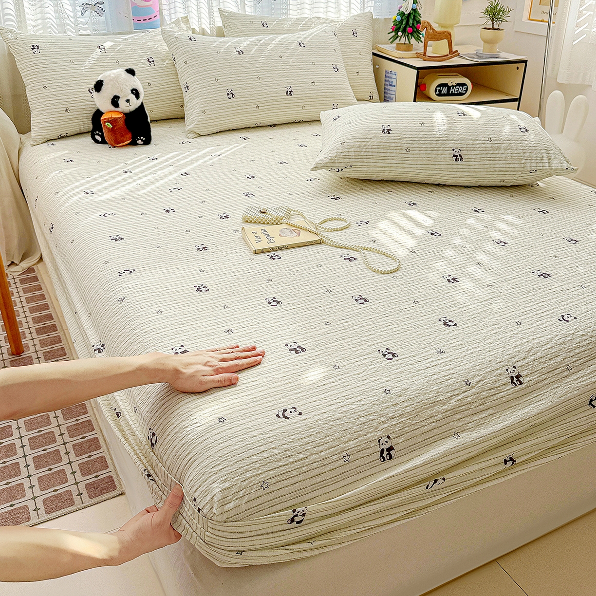 91家纺网 家纺一手货源 找家纺 N先生+V 13814689556 发大图/买家秀 2026春夏新款软糯糯泡芙纱单床笠 床笠单件 可爱熊猫（床笠）