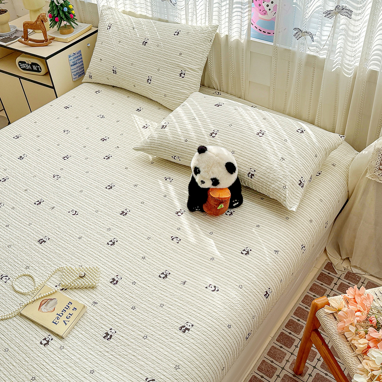 91家纺网 家纺一手货源 找家纺 N先生+V 13814689556 发大图/买家秀 2026春夏新款软糯糯泡芙纱单床笠 床笠单件 可爱熊猫（床笠）