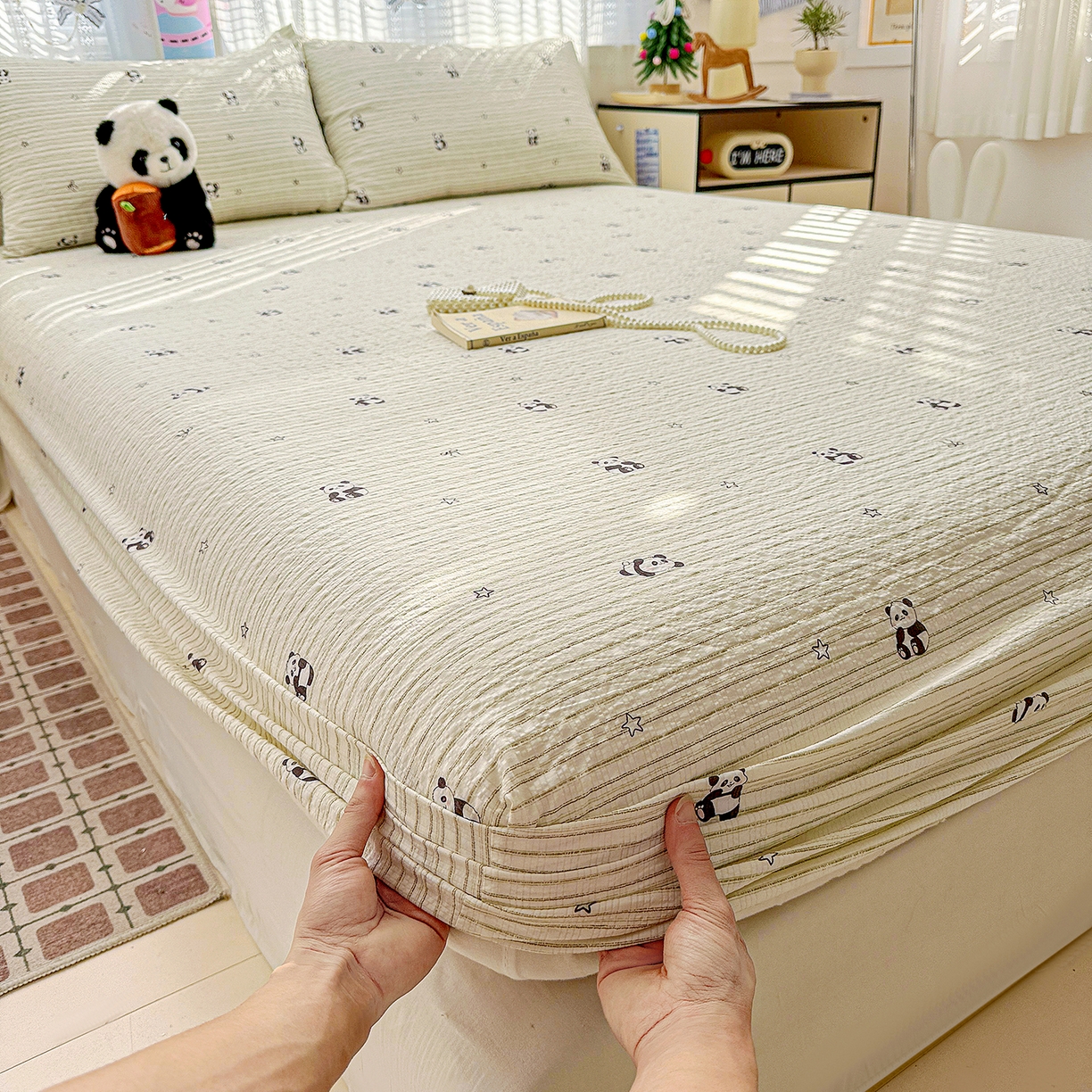 91家纺网 家纺一手货源 找家纺 N先生+V 13814689556 发大图/买家秀 2026春夏新款软糯糯泡芙纱单床笠 床笠单件 可爱熊猫（床笠）