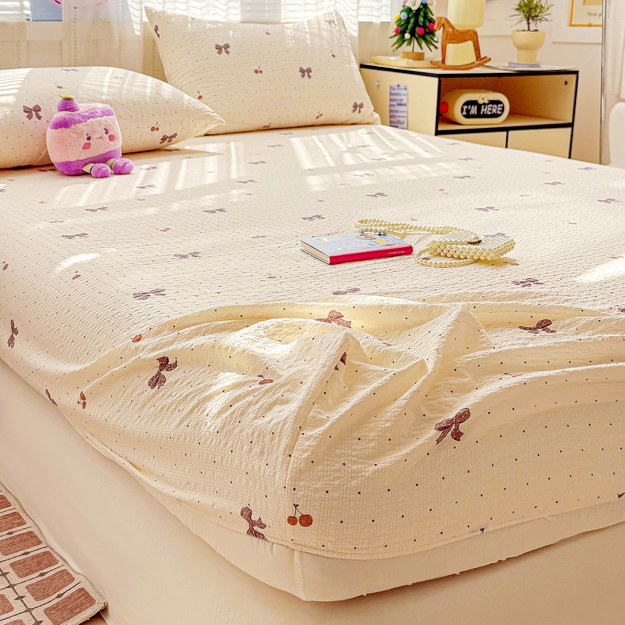 91家纺网 家纺一手货源 找家纺 N先生+V 13814689556 发大图/买家秀 2026春夏新款软糯糯泡芙纱单床笠 床笠单件 可可甜心（床笠）