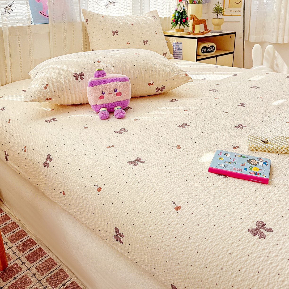 91家纺网 家纺一手货源 找家纺 N先生+V 13814689556 发大图/买家秀 2026春夏新款软糯糯泡芙纱单床笠 床笠单件 可可甜心（床笠）