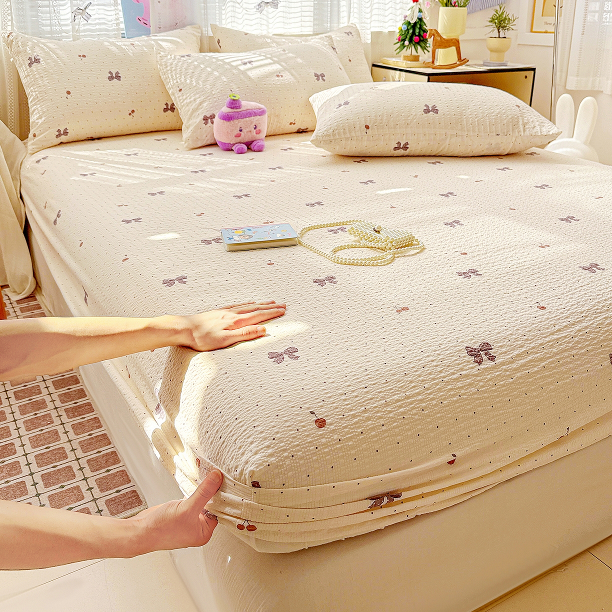 91家纺网 家纺一手货源 找家纺 N先生+V 13814689556 发大图/买家秀 2026春夏新款软糯糯泡芙纱单床笠 床笠单件 可可甜心（床笠）