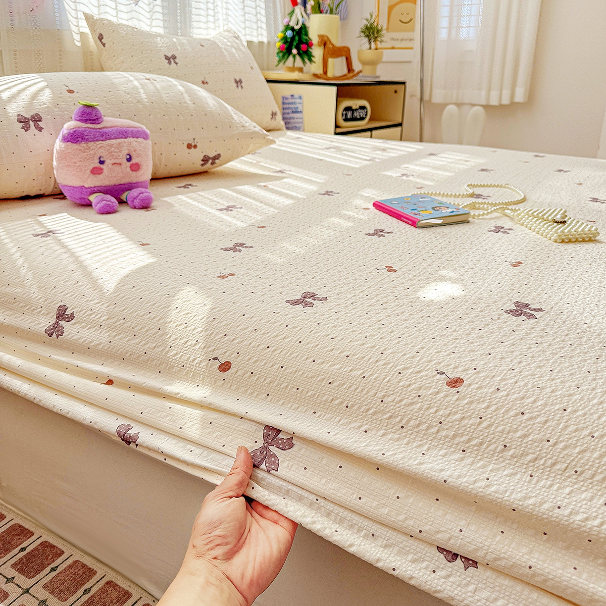 91家纺网 家纺一手货源 找家纺 N先生+V 13814689556 发大图/买家秀 2026春夏新款软糯糯泡芙纱单床笠 床笠单件 可可甜心（床笠）