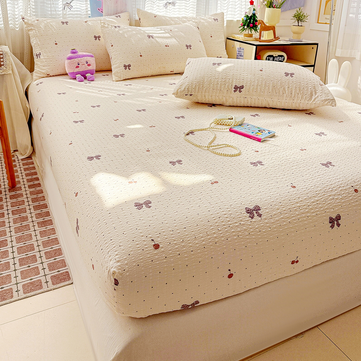 91家纺网 家纺一手货源 找家纺 N先生+V 13814689556 发大图/买家秀 2026春夏新款软糯糯泡芙纱单床笠 床笠单件 可可甜心（床笠）