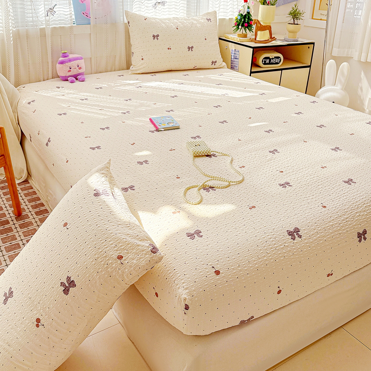 91家纺网 家纺一手货源 找家纺 N先生+V 13814689556 发大图/买家秀 2026春夏新款软糯糯泡芙纱单床笠 床笠单件 可可甜心（床笠）