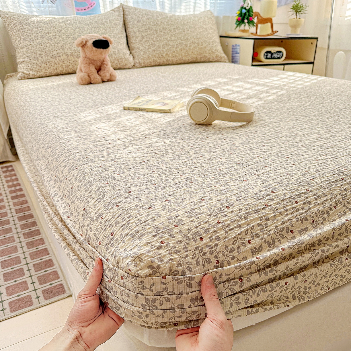 91家纺网 家纺一手货源 找家纺 N先生+V 13814689556 发大图/买家秀 2026春夏新款软糯糯泡芙纱单床笠 床笠单件 花蔓（床笠）