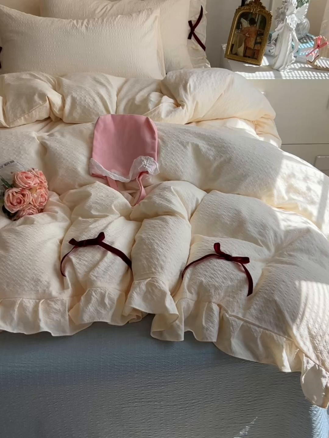 91家纺网 家纺一手货源 找家纺 （总）子钦家纺 2026春夏新款提花泡芙棉花边蝴蝶结床单床笠四件套-甜心公主