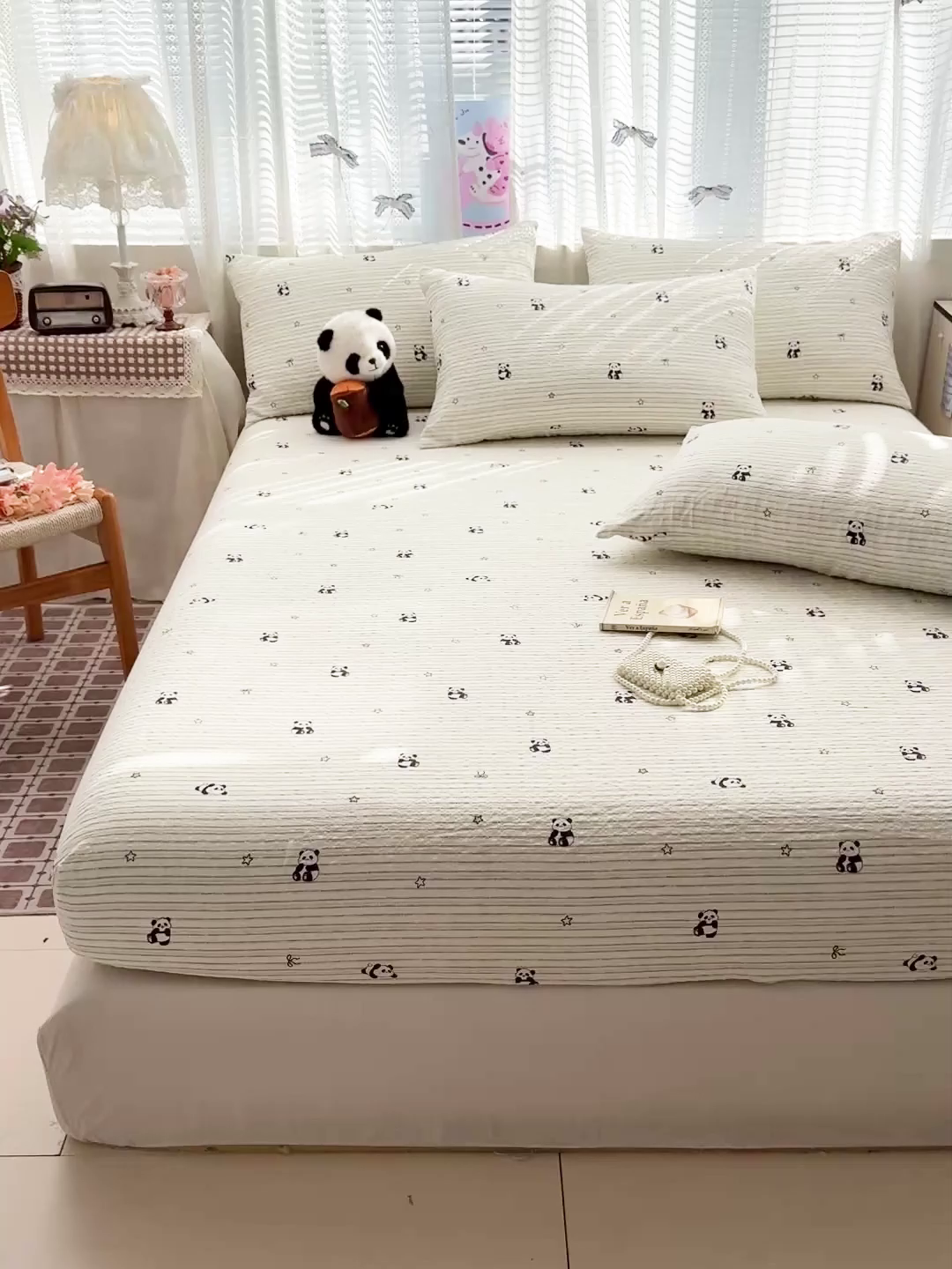 91家纺网 家纺一手货源 找家纺 N先生+V 13814689556 发大图/买家秀 2026春夏新款软糯糯泡芙纱单床笠 床笠单件 可爱熊猫（床笠）