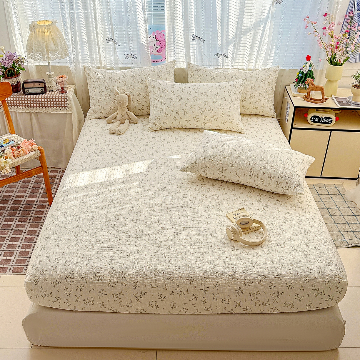 91家纺网 家纺一手货源 找家纺 N先生+V 13814689556 发大图/买家秀 2026春夏新款软糯糯泡芙纱单床笠 床笠单件 春日花语（床笠）