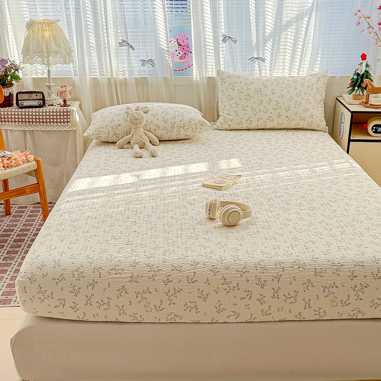 91家纺网 家纺一手货源 找家纺 N先生+V 13814689556 发大图/买家秀 2026春夏新款软糯糯泡芙纱单床笠 床笠单件 春日花语（床笠）