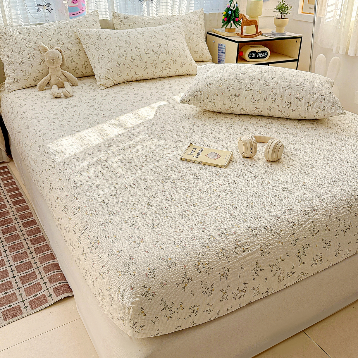 91家纺网 家纺一手货源 找家纺 N先生+V 13814689556 发大图/买家秀 2026春夏新款软糯糯泡芙纱单床笠 床笠单件 春日花语（床笠）