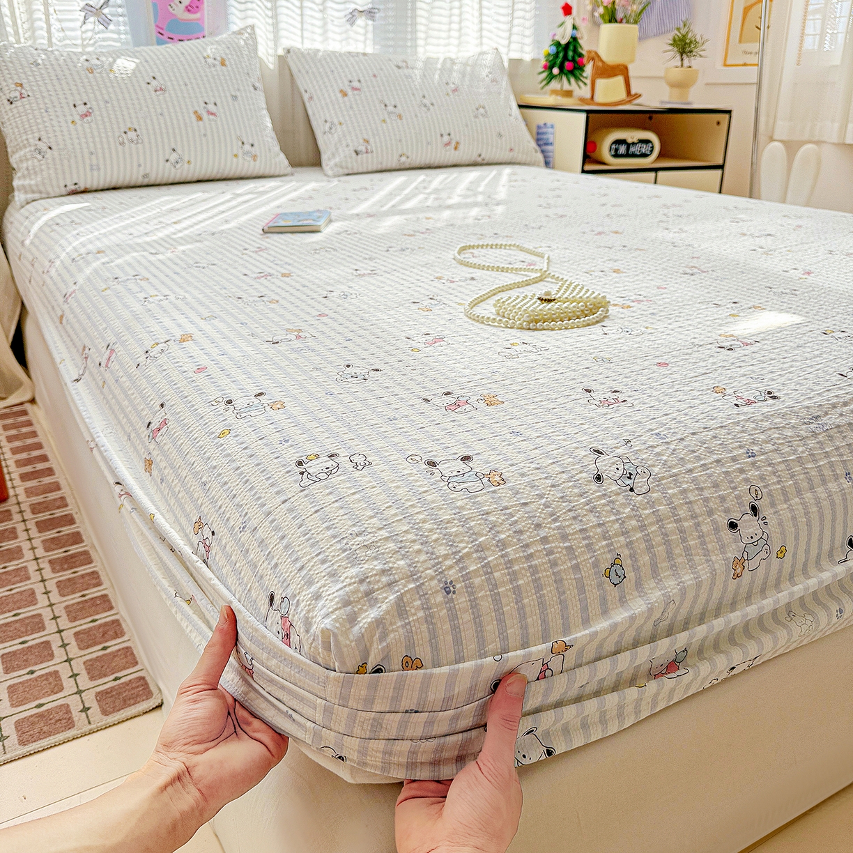 91家纺网 家纺一手货源 找家纺 N先生+V 13814689556 发大图/买家秀 2026春夏新款软糯糯泡芙纱单床笠 床笠单件 欢乐帕恰（床笠）