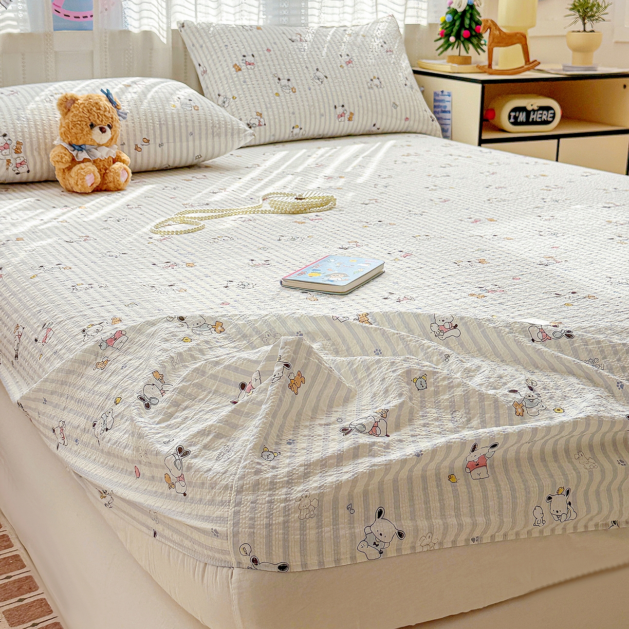 91家纺网 家纺一手货源 找家纺 N先生+V 13814689556 发大图/买家秀 2026春夏新款软糯糯泡芙纱单床笠 床笠单件 欢乐帕恰（床笠）