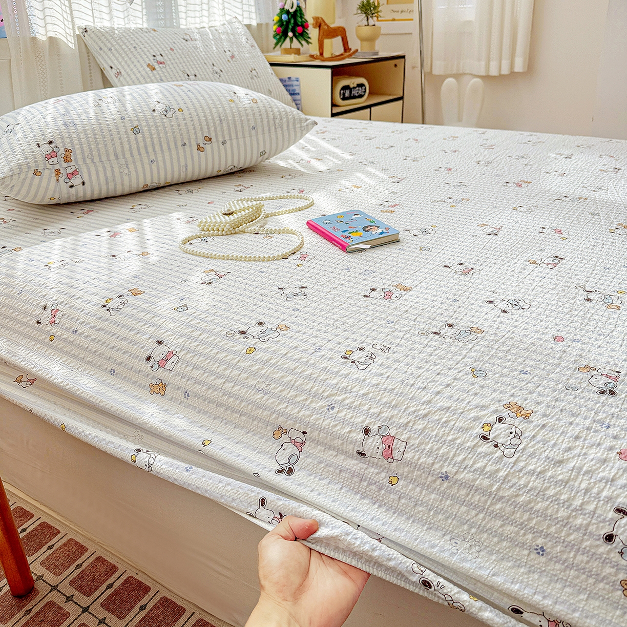 91家纺网 家纺一手货源 找家纺 N先生+V 13814689556 发大图/买家秀 2026春夏新款软糯糯泡芙纱单床笠 床笠单件 欢乐帕恰（床笠）