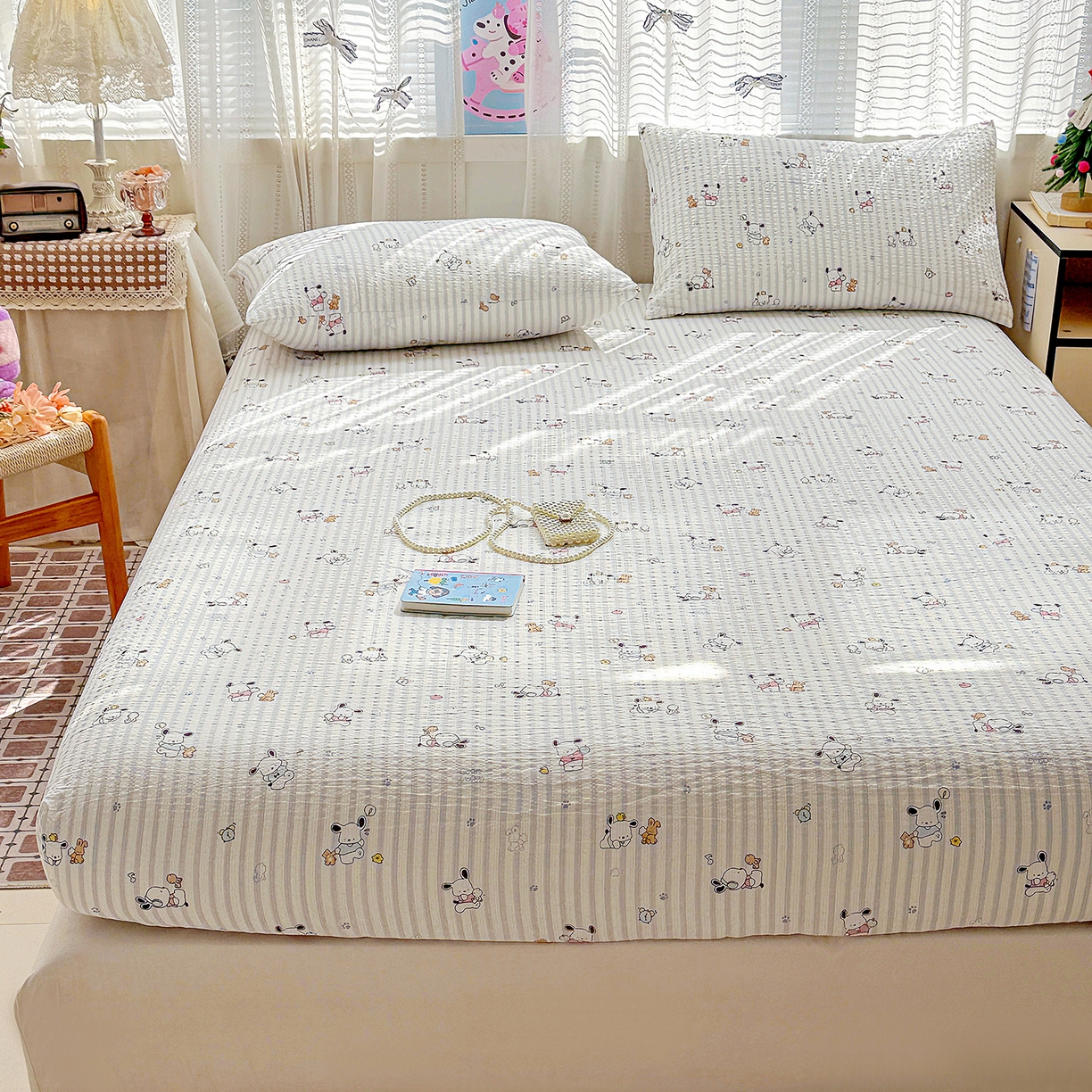 91家纺网 家纺一手货源 找家纺 N先生+V 13814689556 发大图/买家秀 2026春夏新款软糯糯泡芙纱单床笠 床笠单件 欢乐帕恰（床笠）