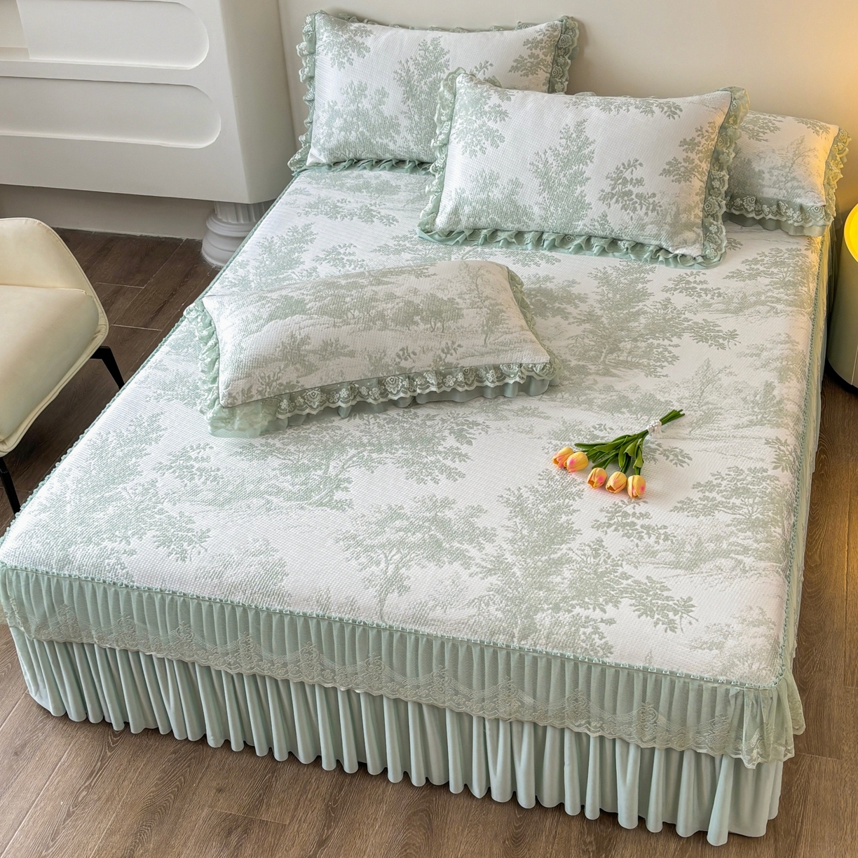 91家纺网 家纺一手货源 找家纺 （总）金艾草 2026新款PE双面提花床裙凉席三件套