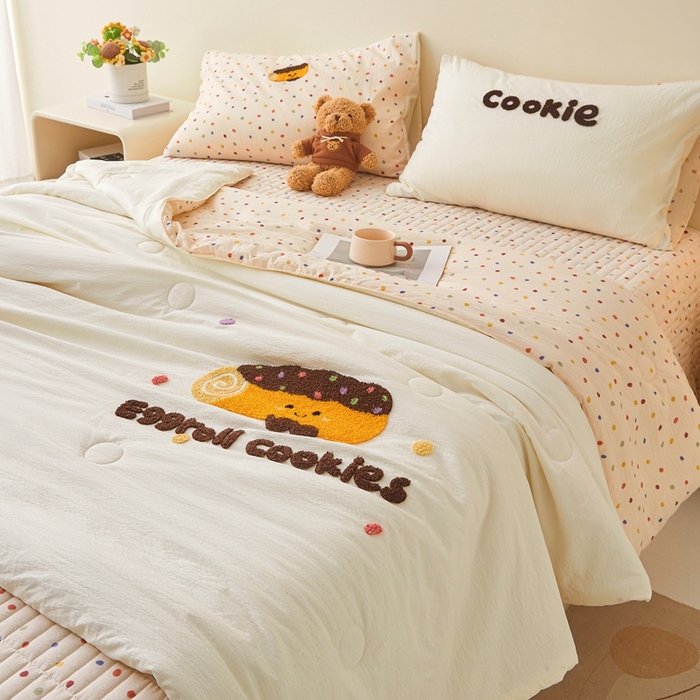 91家纺网 家纺一手货源 找家纺 麦空家居 2026新款木棉皱纱春夏被床盖四件套jelly cheese系列 毛巾卷