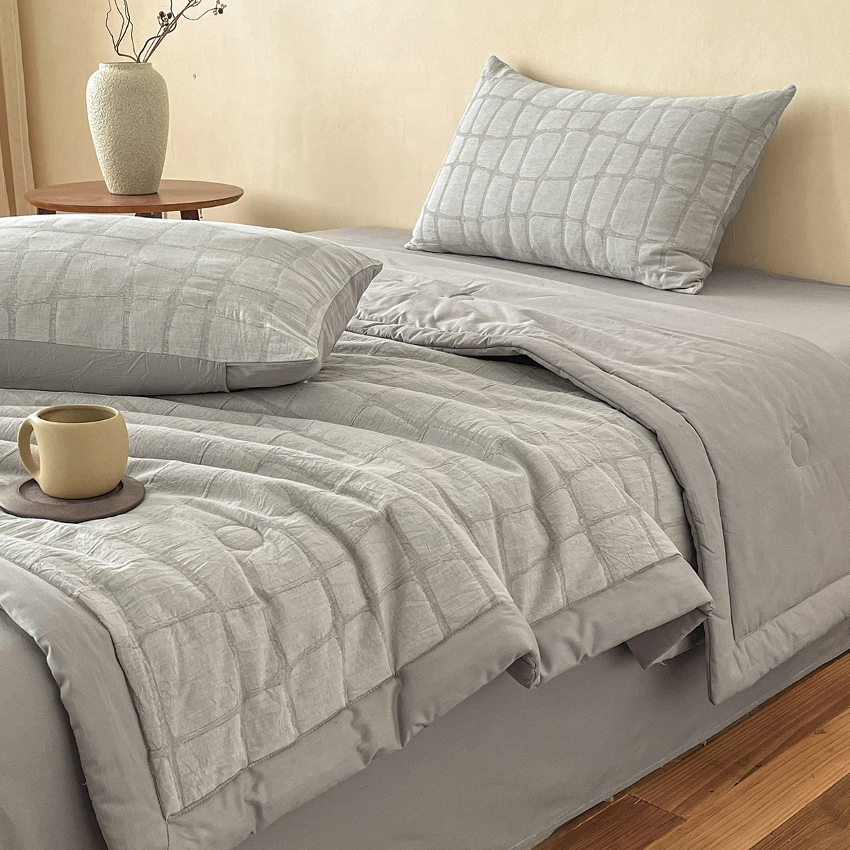 91家纺网 家纺一手货源 找家纺 吾诺家居 2026新款全棉纯棉大提花新疆棉花夏被夏凉被空调被四件套-石纹 石纹-浅灰