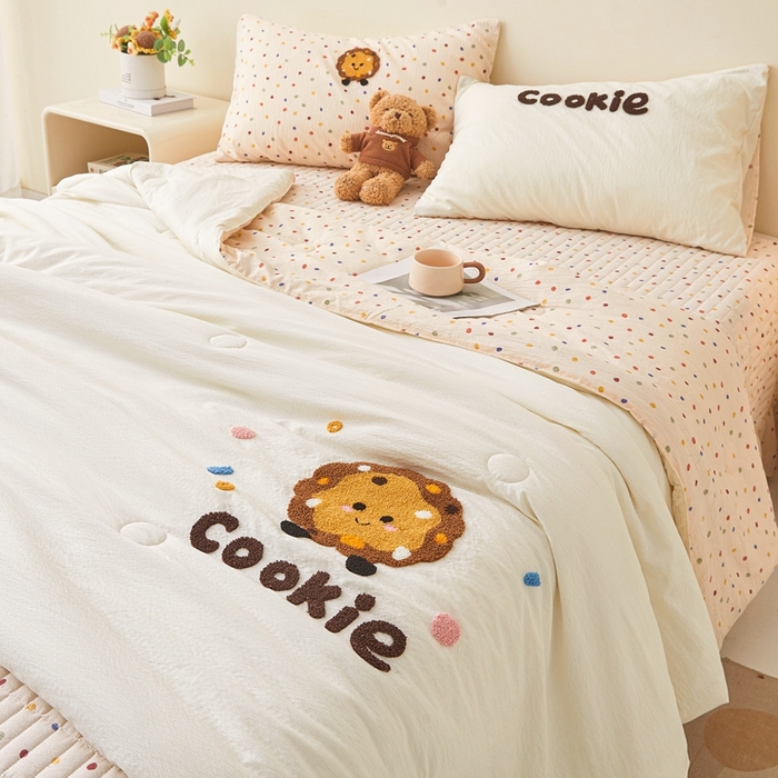 91家纺网 家纺一手货源 找家纺 麦空家居 2026新款木棉皱纱春夏被床盖四件套jelly cheese系列 曲奇