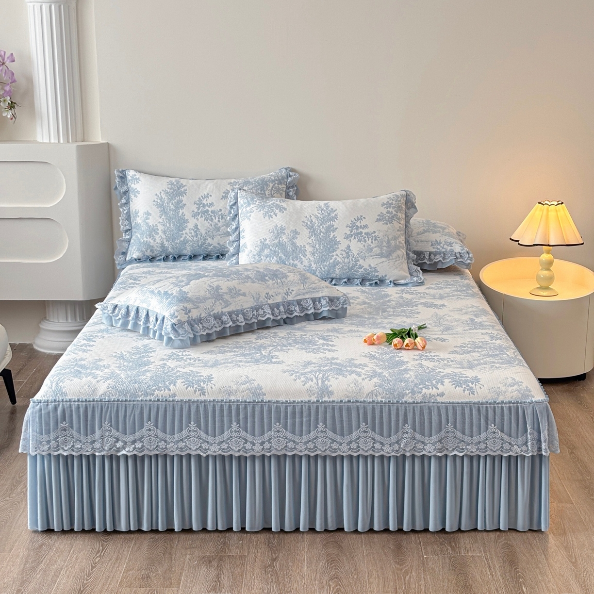 金艾草 2026新款PE双面提花床裙凉席三件套 清新-蓝色