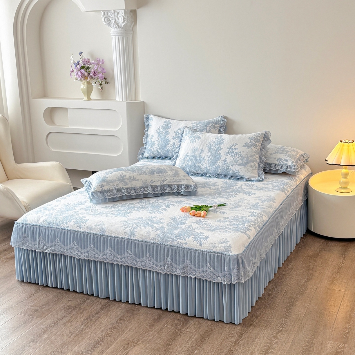 91家纺网 家纺一手货源 找家纺 金艾草 2026新款PE双面提花床裙凉席三件套 清新-蓝色