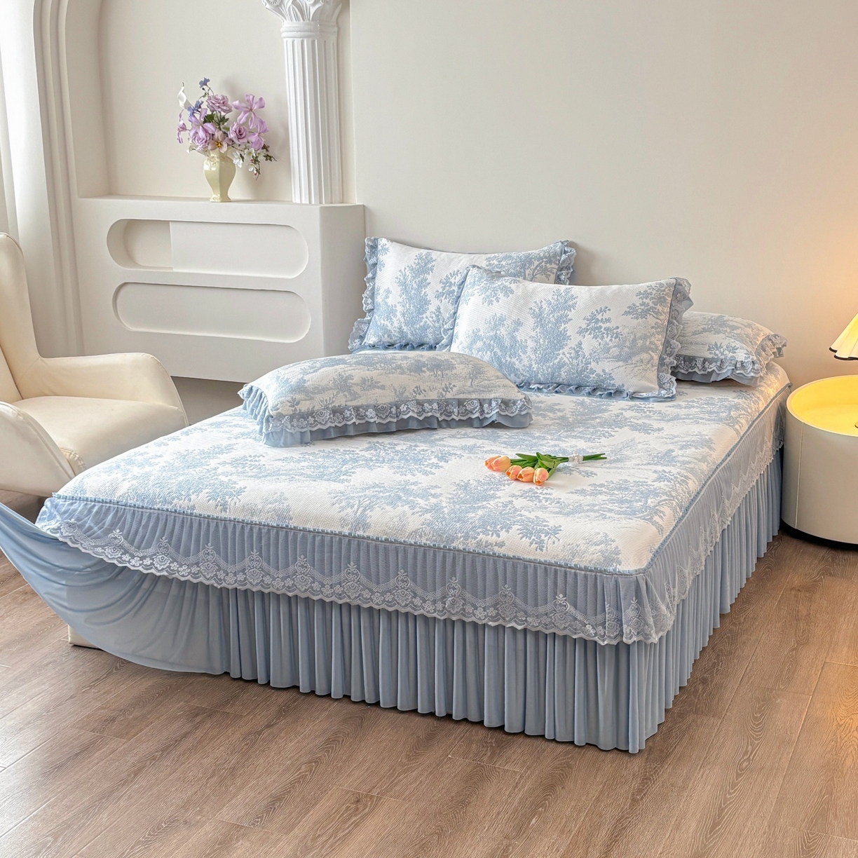 91家纺网 家纺一手货源 找家纺 金艾草 2026新款PE双面提花床裙凉席三件套 清新-蓝色