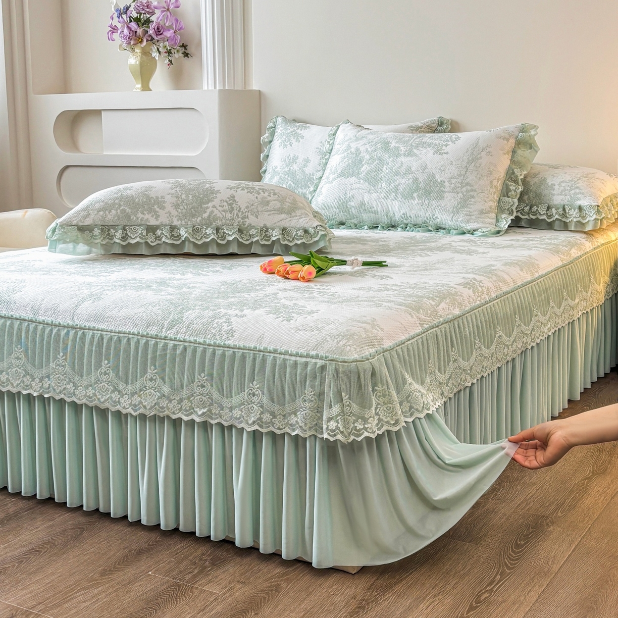 91家纺网 家纺一手货源 找家纺 金艾草 2026新款PE双面提花床裙凉席三件套 清新-绿色