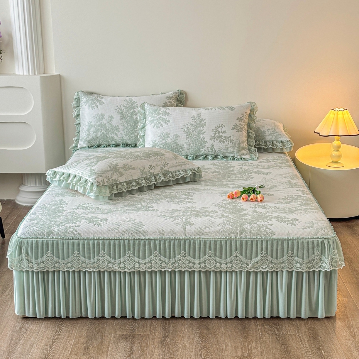 金艾草 2026新款PE双面提花床裙凉席三件套 清新-绿色