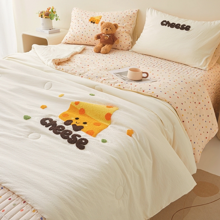 91家纺网 家纺一手货源 找家纺 麦空家居 2026新款木棉皱纱春夏被床盖四件套jelly cheese系列 芝士