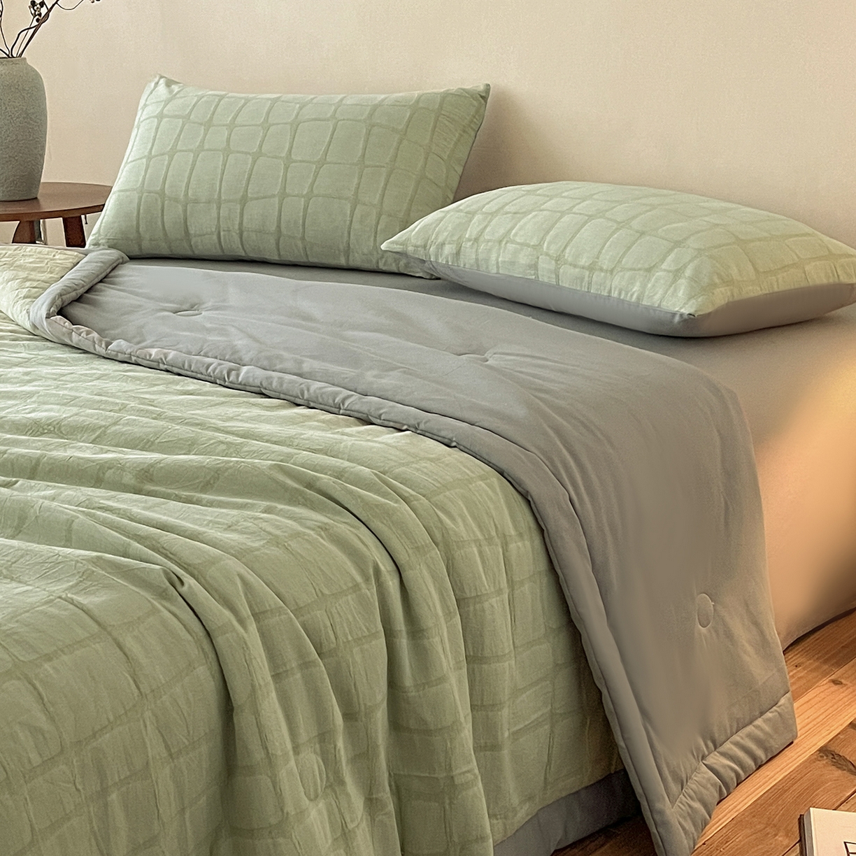 91家纺网 家纺一手货源 找家纺 吾诺家居 2026新款全棉纯棉大提花新疆棉花夏被夏凉被空调被四件套-石纹 石纹-浅绿