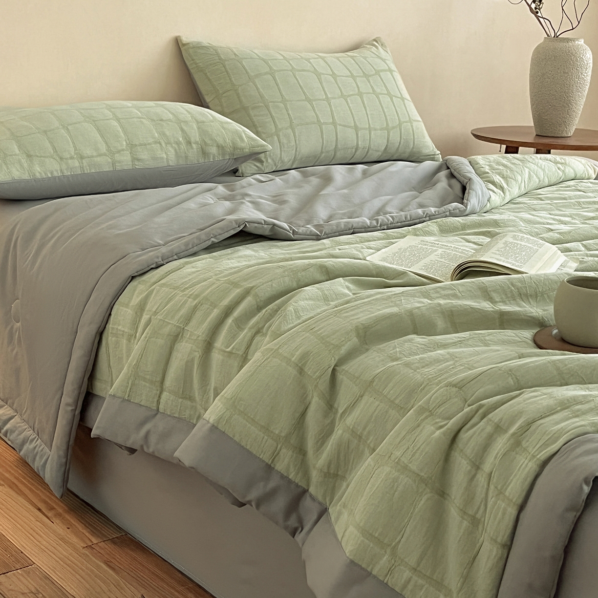 91家纺网 家纺一手货源 找家纺 吾诺家居 2026新款全棉纯棉大提花新疆棉花夏被夏凉被空调被四件套-石纹 石纹-浅绿