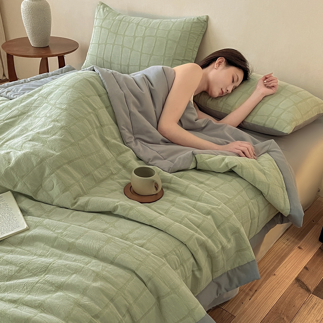 91家纺网 家纺一手货源 找家纺 吾诺家居 2026新款全棉纯棉大提花新疆棉花夏被夏凉被空调被四件套-石纹 石纹-浅绿