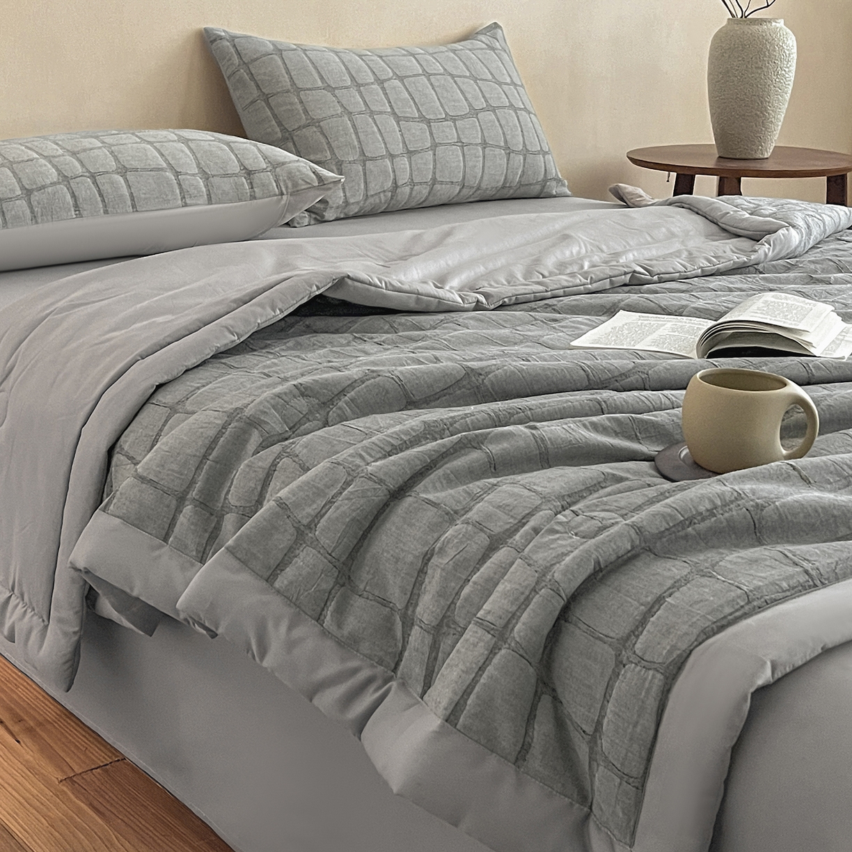 91家纺网 家纺一手货源 找家纺 吾诺家居 2026新款全棉纯棉大提花新疆棉花夏被夏凉被空调被四件套-石纹 石纹-深灰