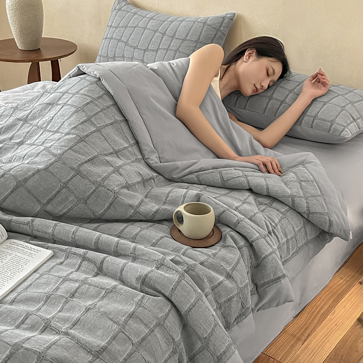 91家纺网 家纺一手货源 找家纺 吾诺家居 2026新款全棉纯棉大提花新疆棉花夏被夏凉被空调被四件套-石纹 石纹-深灰