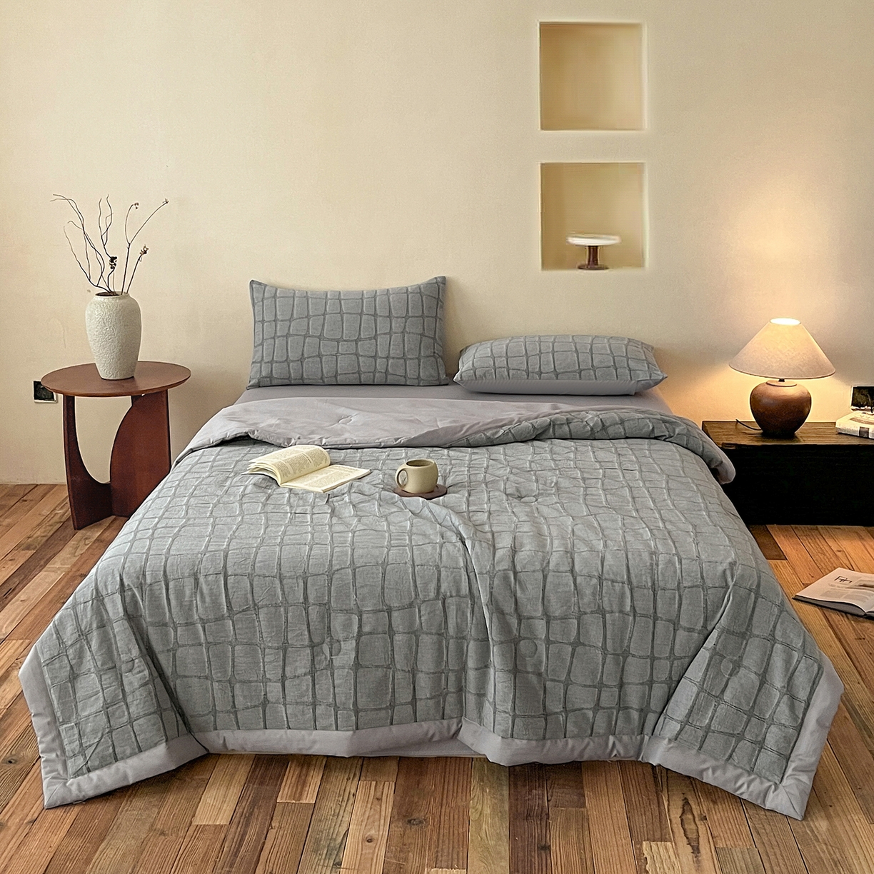 91家纺网 家纺一手货源 找家纺 吾诺家居 2026新款全棉纯棉大提花新疆棉花夏被夏凉被空调被四件套-石纹 石纹-深灰