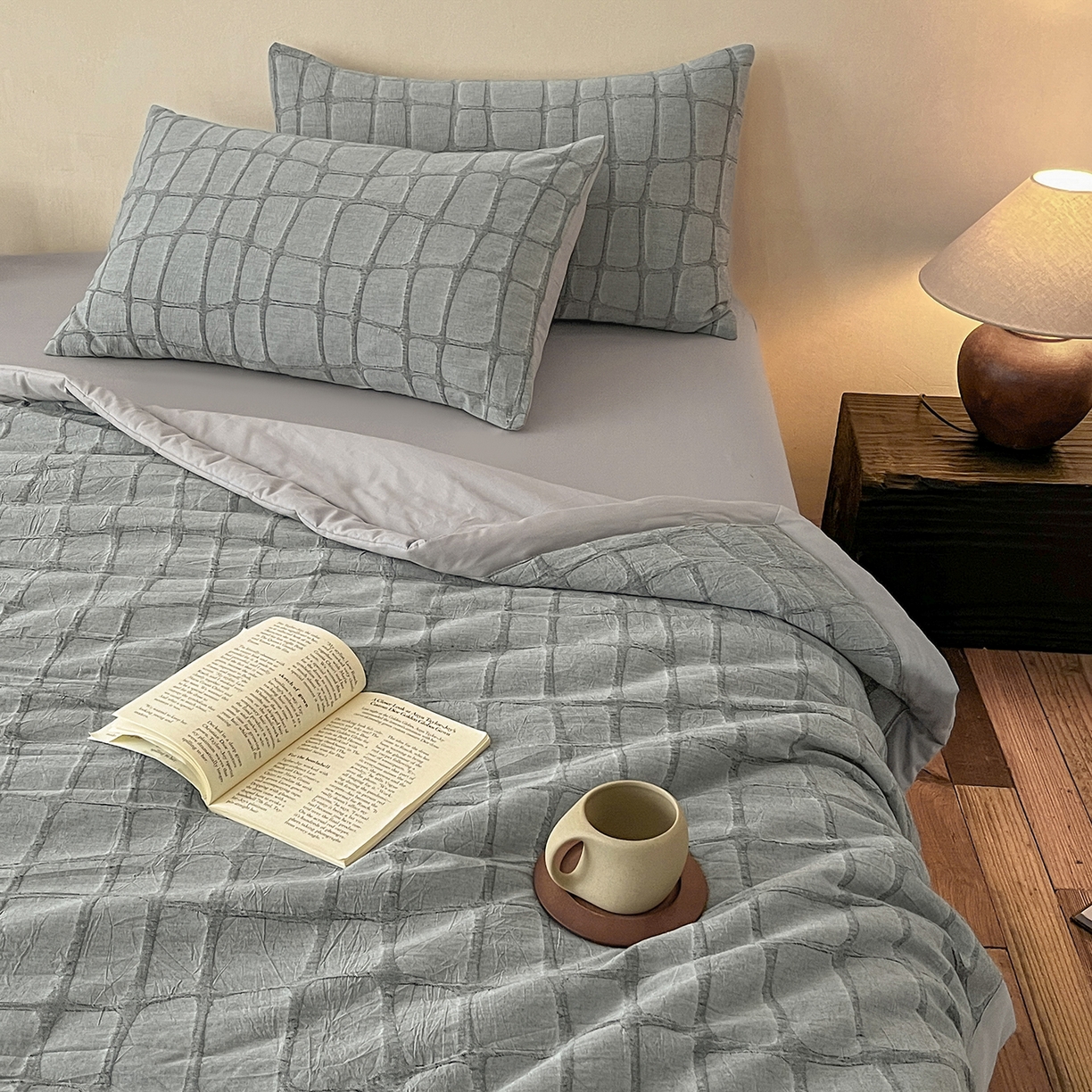 91家纺网 家纺一手货源 找家纺 吾诺家居 2026新款全棉纯棉大提花新疆棉花夏被夏凉被空调被四件套-石纹 石纹-深灰