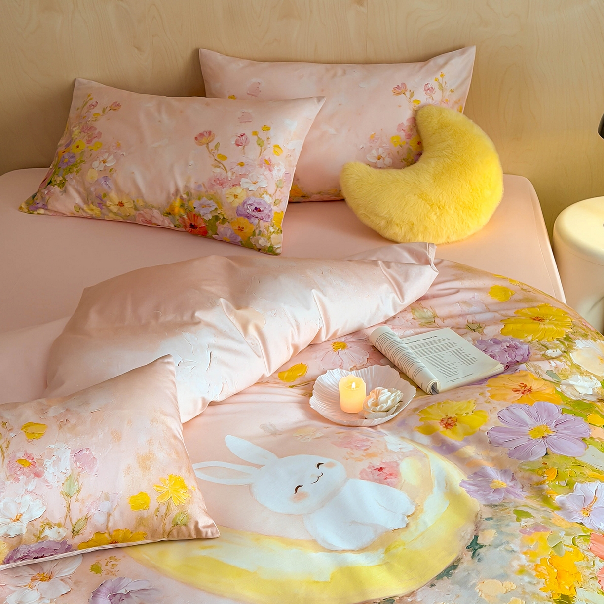 91家纺网 家纺一手货源 找家纺 西西家居 2026新款100s数码印花款长绒棉四件套-春日治愈款 油画小兔