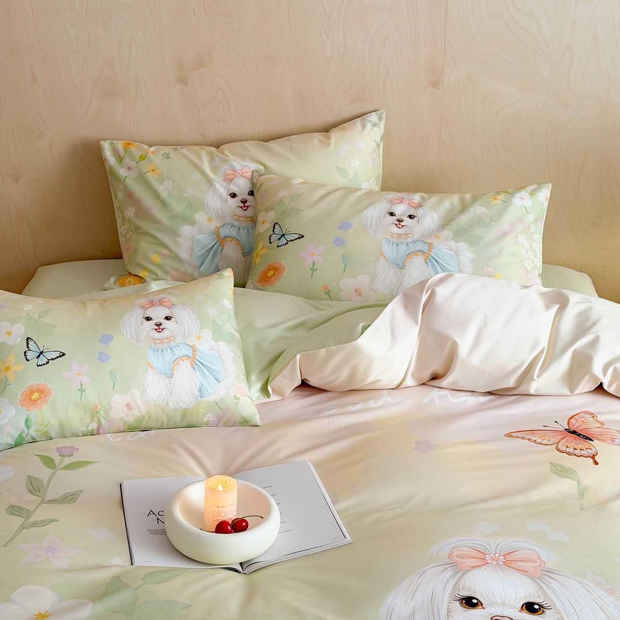 91家纺网 家纺一手货源 找家纺 西西家居 2026新款100s数码印花款长绒棉四件套-春日治愈款 花园小狗