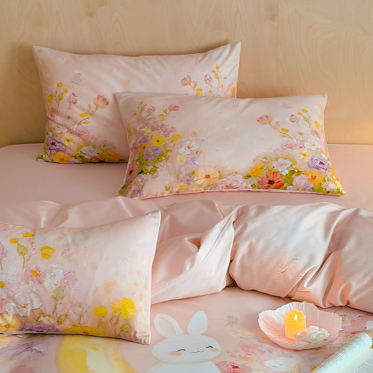 91家纺网 家纺一手货源 找家纺 西西家居 2026新款100s数码印花款长绒棉四件套-春日治愈款 油画小兔