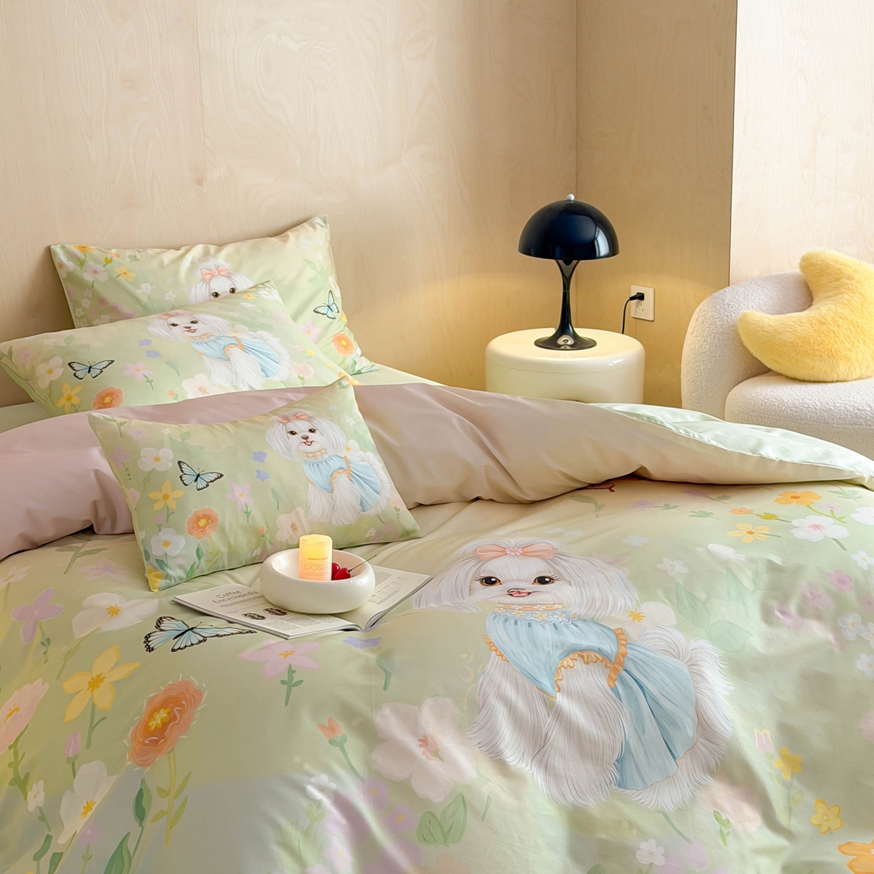 91家纺网 家纺一手货源 找家纺 西西家居 2026新款100s数码印花款长绒棉四件套-春日治愈款 花园小狗