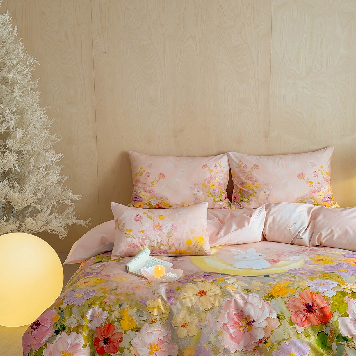 91家纺网 家纺一手货源 找家纺 西西家居 2026新款100s数码印花款长绒棉四件套-春日治愈款 油画小兔