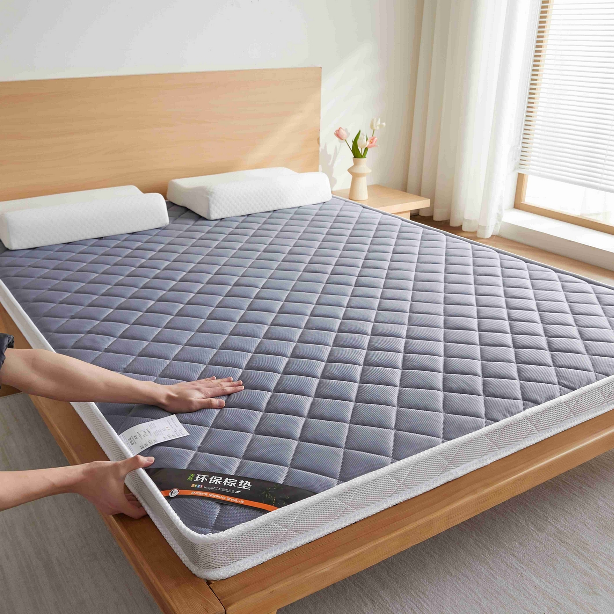 91家纺网 家纺一手货源 找家纺 时奥家纺 2026新款针织棉乳胶椰棕海绵床垫-云梦灰 3cm棕+1cm乳胶(5cm)