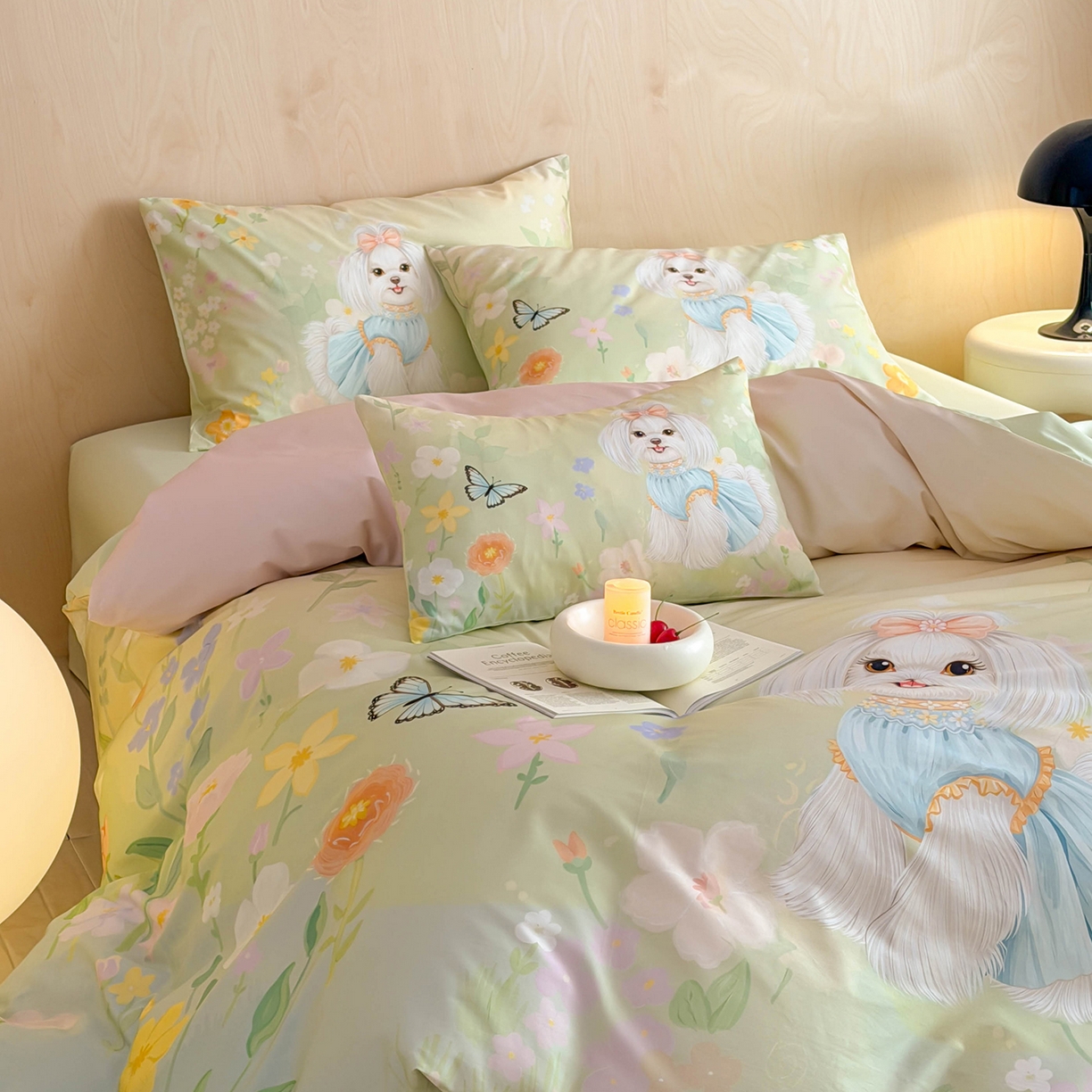 91家纺网 家纺一手货源 找家纺 西西家居 2026新款100s数码印花款长绒棉四件套-春日治愈款 花园小狗