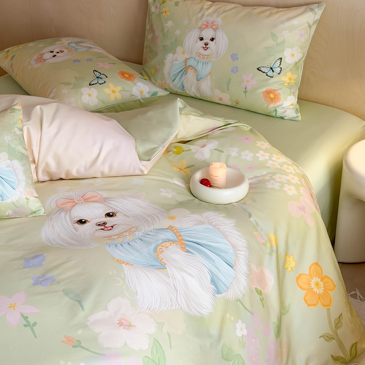 91家纺网 家纺一手货源 找家纺 西西家居 2026新款100s数码印花款长绒棉四件套-春日治愈款 花园小狗