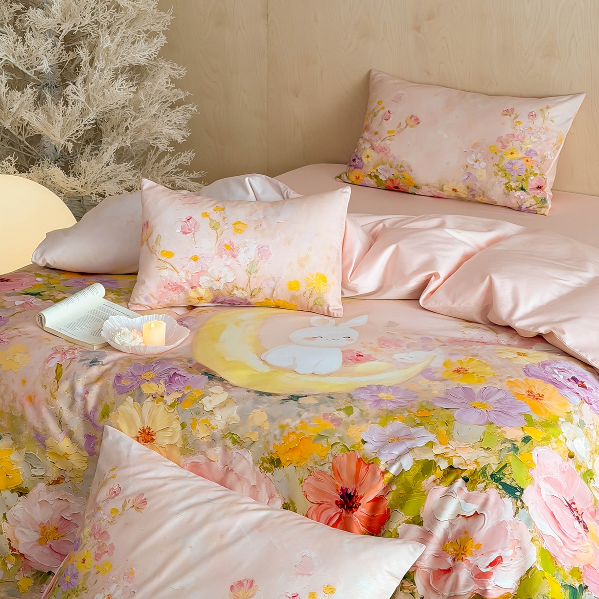 91家纺网 家纺一手货源 找家纺 西西家居 2026新款100s数码印花款长绒棉四件套-春日治愈款 油画小兔