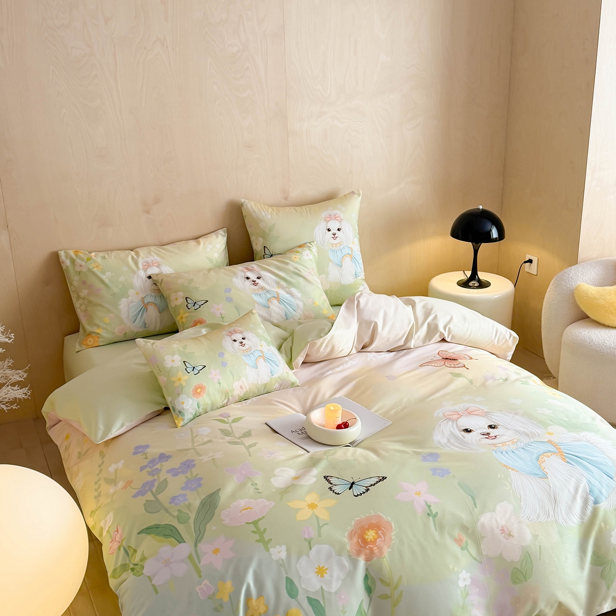 91家纺网 家纺一手货源 找家纺 西西家居 2026新款100s数码印花款长绒棉四件套-春日治愈款 花园小狗