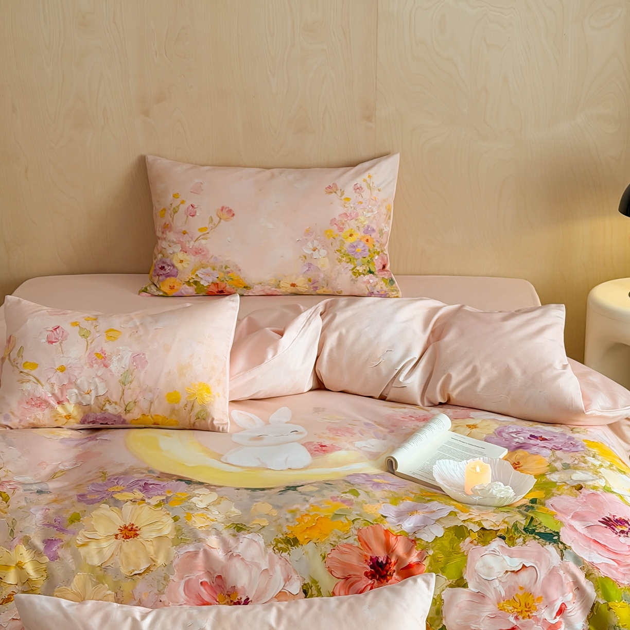 91家纺网 家纺一手货源 找家纺 西西家居 2026新款100s数码印花款长绒棉四件套-春日治愈款 油画小兔