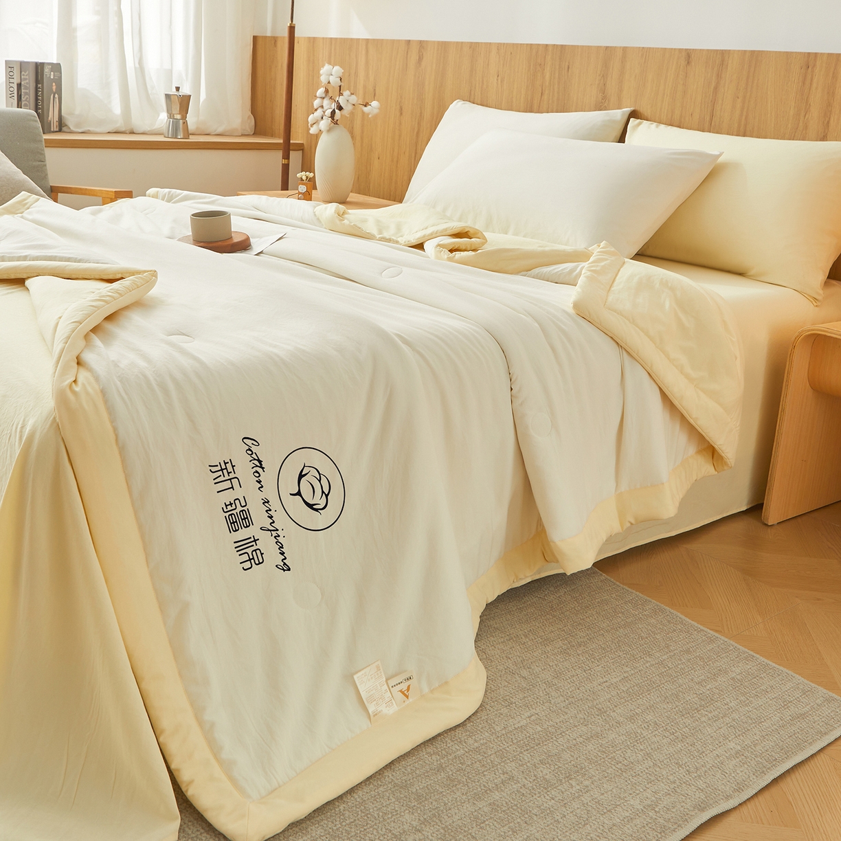 91家纺网 家纺一手货源 找家纺 晓时候 2026新款无印风水洗棉新疆棉花被夏被夏凉被空调被子 素夏-白黄