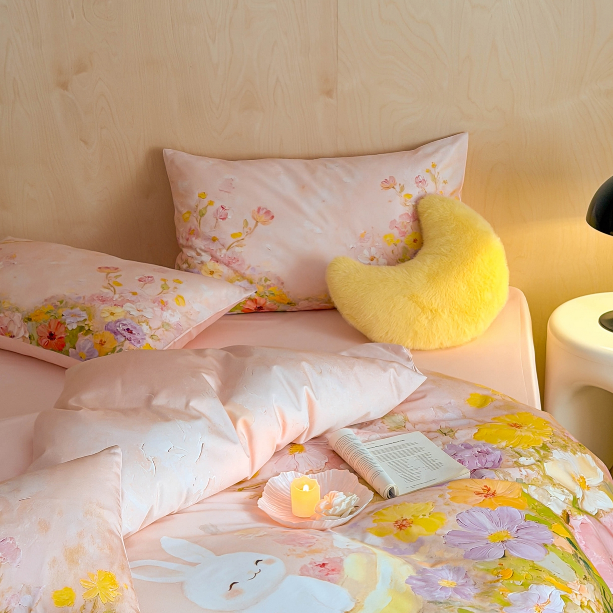 91家纺网 家纺一手货源 找家纺 西西家居 2026新款100s数码印花款长绒棉四件套-春日治愈款 油画小兔